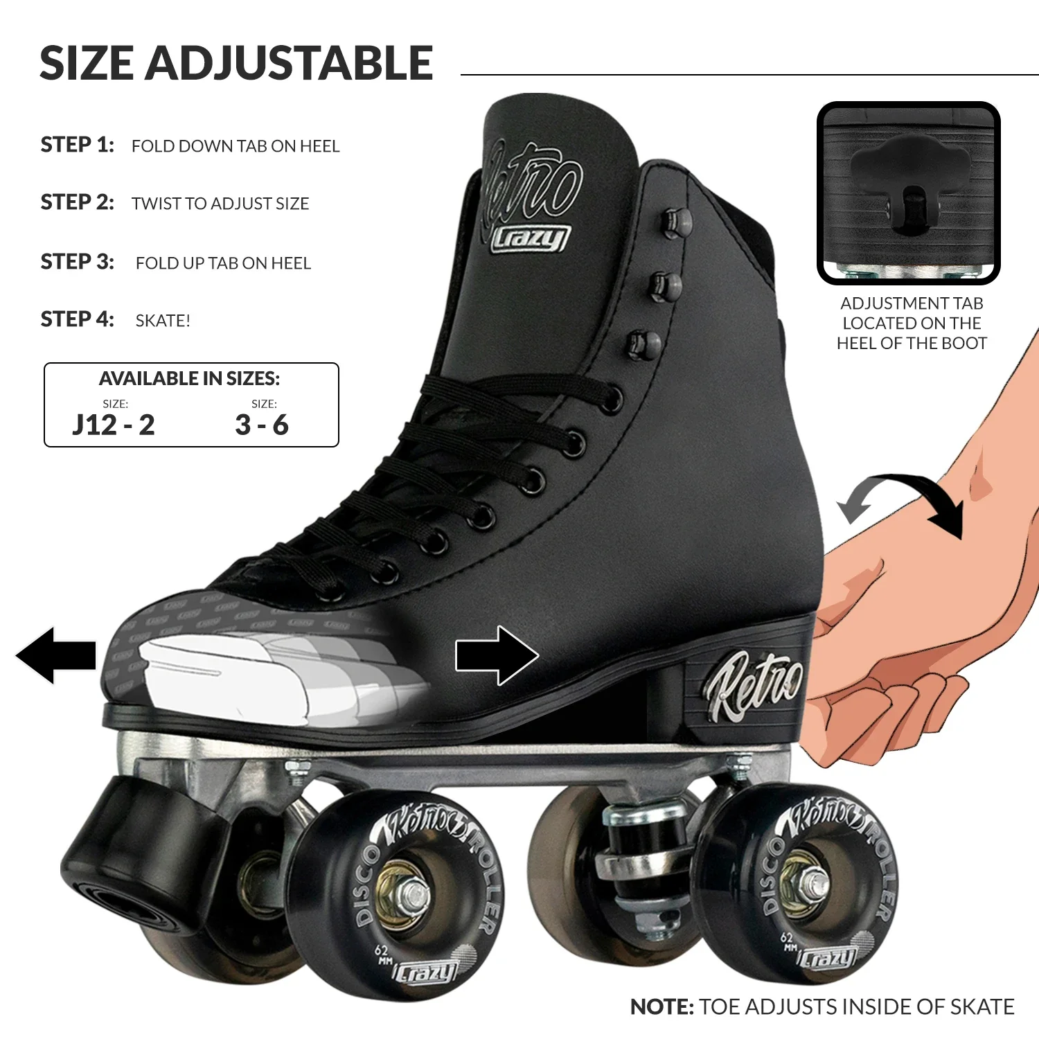 Crazy Retro Roller Black - Kids Adjustable - Image 3