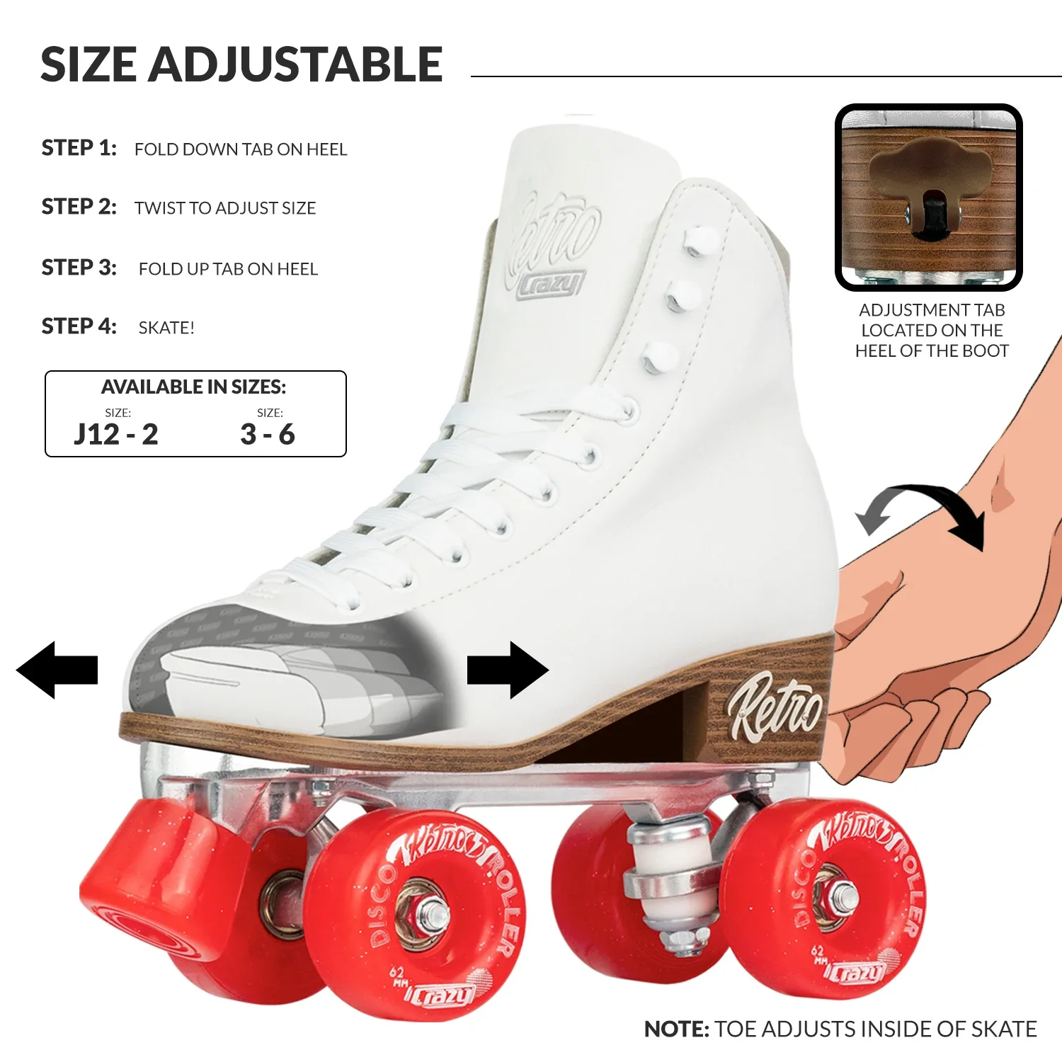 Crazy Retro Roller White - Kids Adjustable - Image 3
